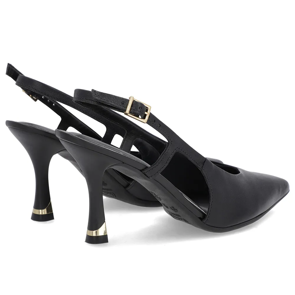 Slingback Preto Feminino Couro Liso Tira Lateral Confortável Elegante