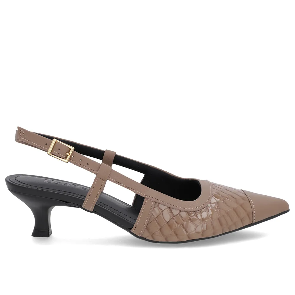 Slingback Marrom Salto Kitten Couro Croco Elegante Confortável Feminino