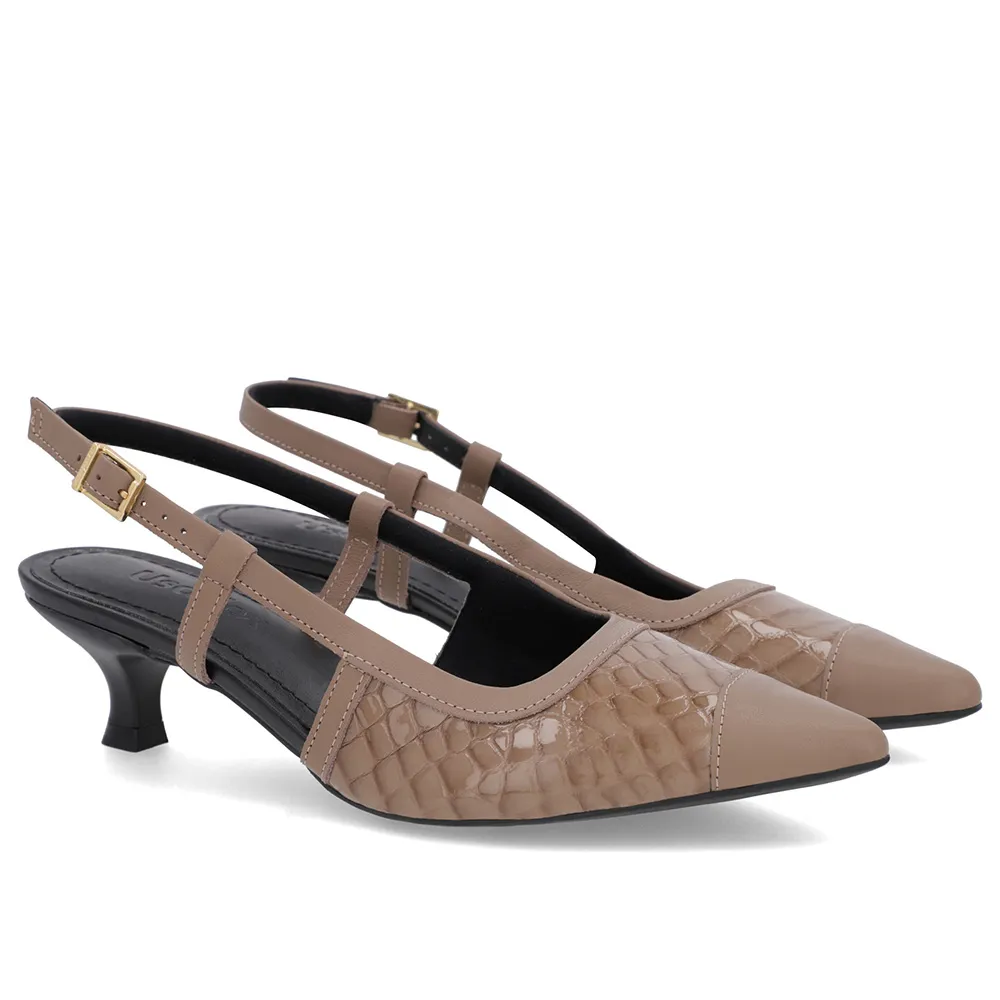 Slingback Marrom Salto Kitten Couro Croco Elegante Confortável Feminino