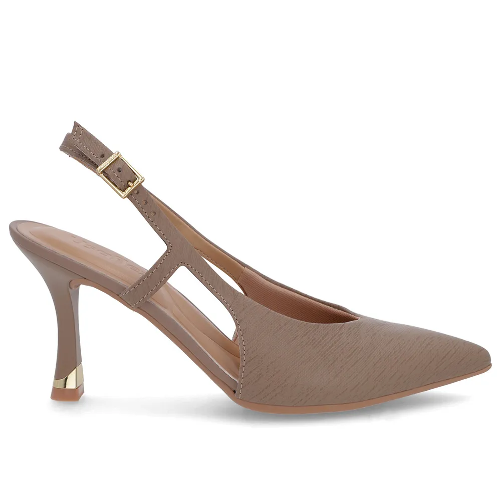 Slingback Marrom Feminino Couro Textura Tira Lateral Confortável Elegante