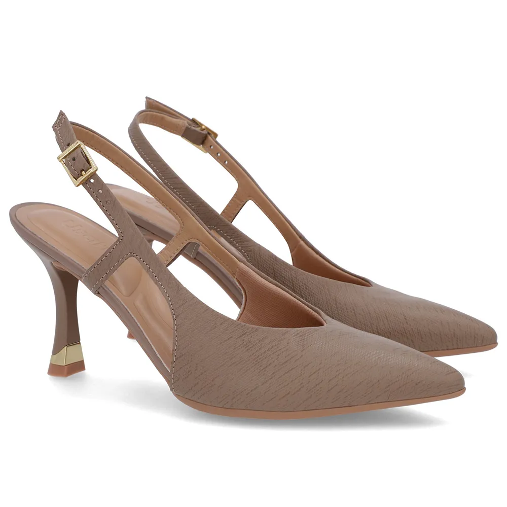 Slingback Marrom Feminino Couro Textura Tira Lateral Confortável Elegante