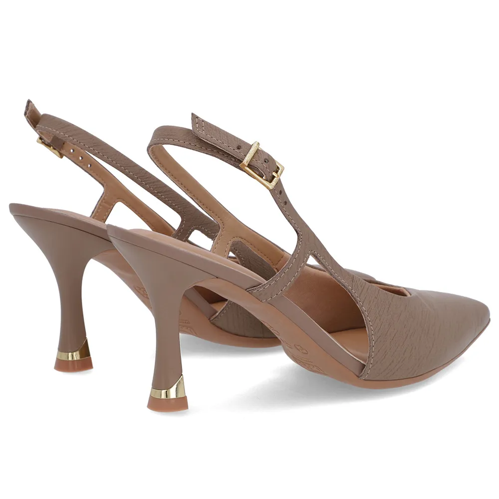 Slingback Marrom Feminino Couro Textura Tira Lateral Confortável Elegante